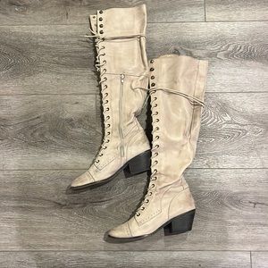Light tan Jeffrey Campbell lace up knee high boots